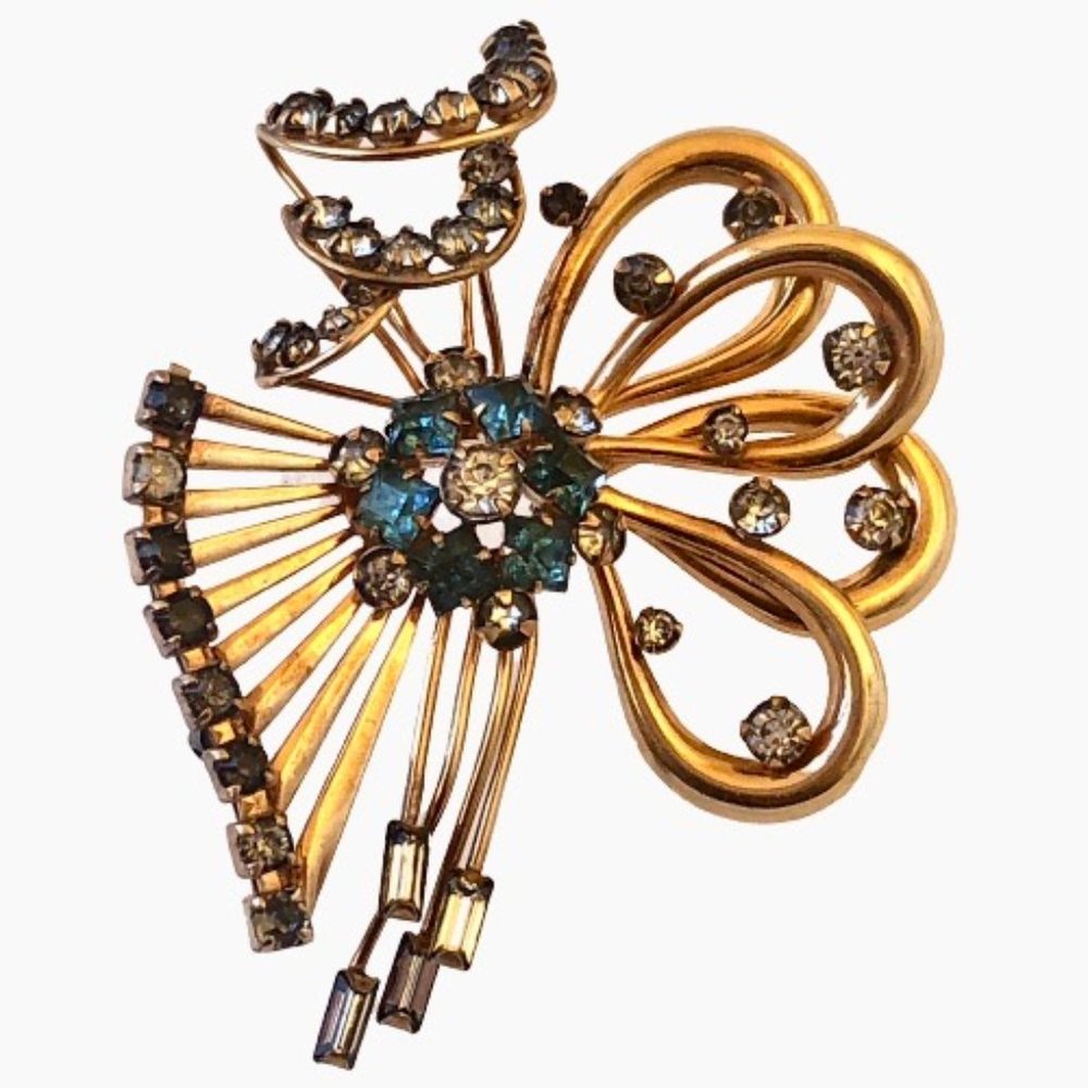 M&S Rhinestone Bow Brooch 1/20 12K Gold Filled Vintage Signed 1950s